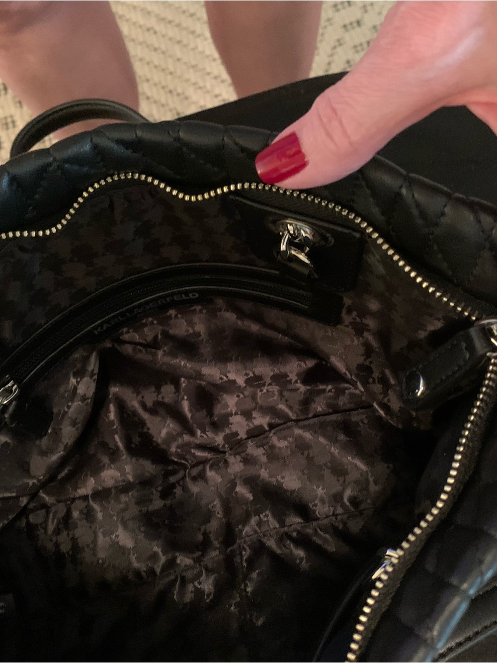Karl Lagerfeld Black Quilted Chevron Tote with Chain Straps - Picture 13 of 16